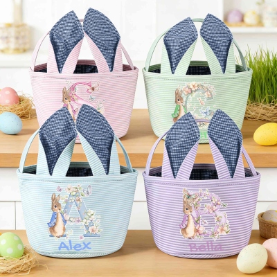 Custom Name Peter Rabbit Floral Alphabet Easter Basket with Bunny Ears, Easter Egg Hunt Basket, Seersucker Easter Goodie Bag, Easter Gift for Kids
