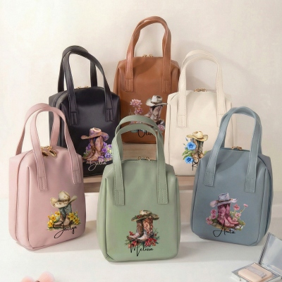 Custom Name Birth Flower Cowgirl Boots Portable PU Leather Makeup Bag with Handle, Women's Toiletry Bag, Birthday/Wedding Gift for Her/Mom/Bridesmaids