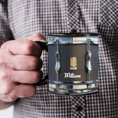 Personalized Black Vintage Drum Mug with Name, 11oz/15oz Ceramic Drumming Coffee Mug, Birthday/Anniversary Gift for Drummers/Music Enthusiasts/Friends