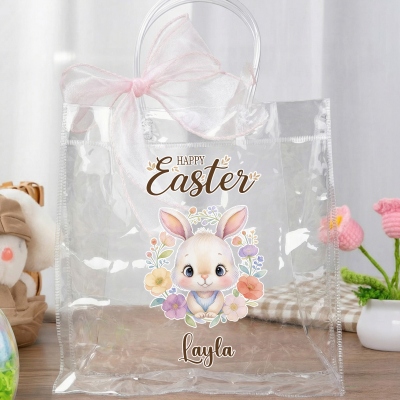 Personalized Name Easter Floral Animal Gift Bag with Pink Bow Ribbon, PVC Clear Egg Hunt Bag, Party Favor, Easter/Birthday Gift for Kids/Girls/Boys