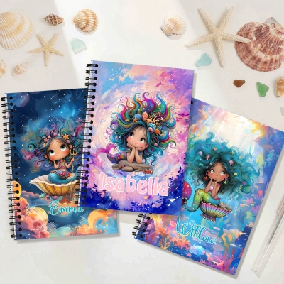 Custom Fantasy Mermaid Cartoon Coil Notebook with Name, Watercolor A5 Spiral Journal, Birthday/Back To School/First Day of School Gift for Girls/Kids