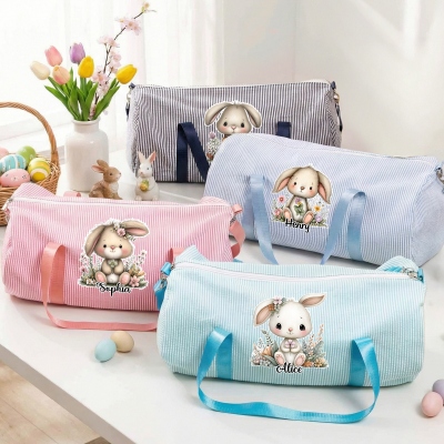 Personalized Name Cute Cartoon Floral Bunny Mini Seersucker Duffle Bag, Kids' Overnight Bag, Children's Day/Birthday/Easter Gift for Kids/Boys/Girls