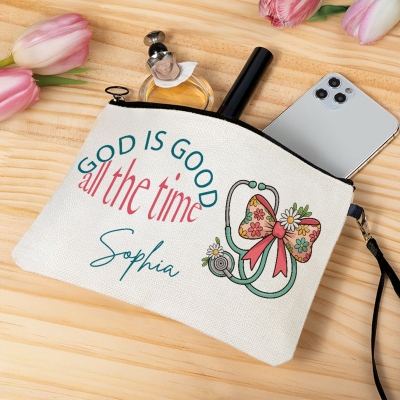 Custom Name God Is Good All the Time Floral Bow Tie Stethoscope Cosmetic Bag, Faith Nursing Makeup Pouch with Wrist Strap, Gift for Nurses/Doctors