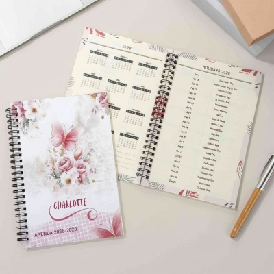 Personalized 2026-2028 Floral Butterfly Planner with Name, A5 Spiral Daily Agenda Calendar Planner, Birthday/Graduation Gift for Women/Family/Friends