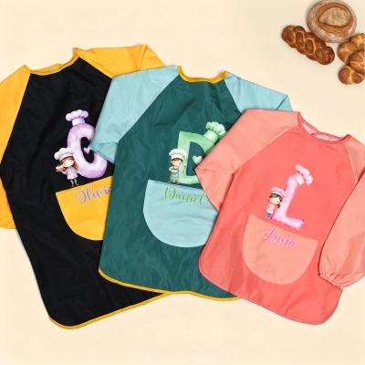 Personalized Name Initial Cartoon Boy/Girl Character Long Sleeve Children's Baking Apron, Waterproof Kitchen Smock with Pocket, Birthday Gift for Kids