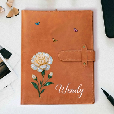 Personalized Name Mother of Pearl Effect Birth Flower Leather Cover Notebook, Traveler's Notebook Sketch Pad Case, Birthday Gift for Artists/Women