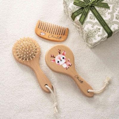 Personalized Name Forest Animal Baby Brush & Comb Set of 3, Wooden Baby Hair Brush Comb Set, Baby Shower/Birthday Gift for Newborns/Kids/Toddlers