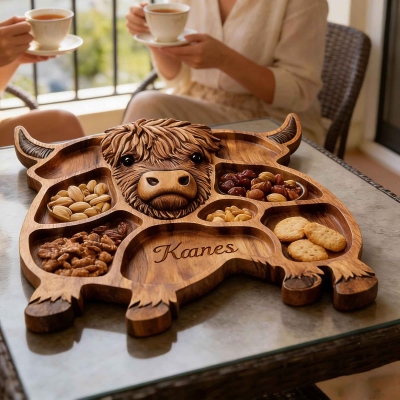 Custom Highland Cow Charcuterie Board with Engraved Name, Wooden Serving Board with Multi-Compartment, Kitchen Accessory, Housewarming Gift for Family