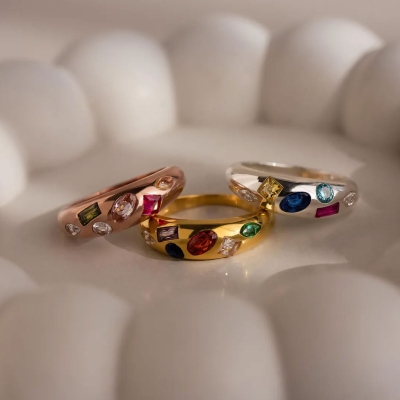 Personalized Mixed 6 Birthstones Dome Ring, Sterling Silver 925 Unique Chunky Art Deco Statement Ring, Birthday/Mother's Day Gift for Her/Mom/Grandma