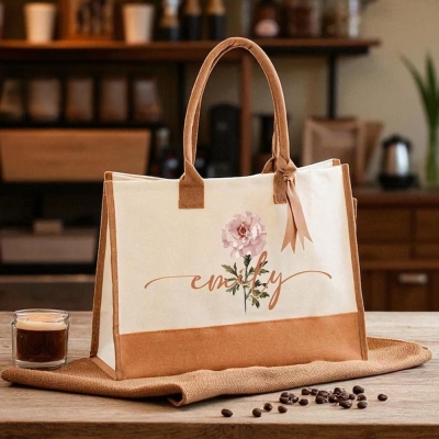 Personalized Name Birth Flower Tote Bag, Large Capacity Canvas Floral Handbag with Ribbon, Travel Bag, Birthday/Mother's Day Gift for Her/Mom/Grandma