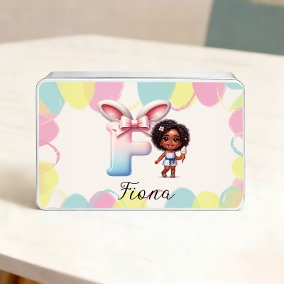 Custom Name Cartoon Afro Little Girl Bunny Ears Bow Alphabet Treat Tin with Lid, Biscuit Candy Box, Tinplate Container, Birthday/Easter Gift for Girls