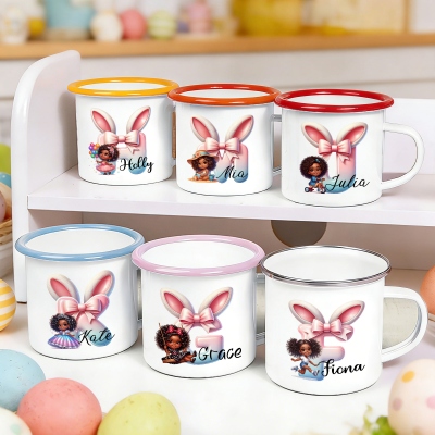 Personalized Name Cartoon Black Little Girl Bunny Ears Bow Alphabet Enamel Mug, 12oz Cup with Handle, Tin Camping Mug, Easter Gift for Afro Girls