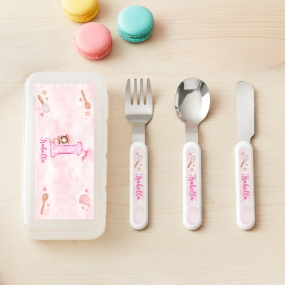 Custom Name Initial Cartoon Baking Boy/Girl Character Cutlery Set with Box, Food Grade Stainless Steel Knife, Fork & Spoon Set, Birthday Gift for Kids