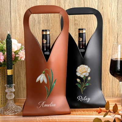 Personalized Name Mother of Pearl Effect Birth Flower Wine Tote, Leather Wine Carrier Bag, Housewarming/Christmas Gift for Wine Lovers/Family/Friends