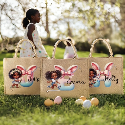 Custom Name Cartoon Black Little Girl Bunny Ears Bow Alphabet Burlap Tote Bag, Large Capacity Jute Easter Egg Hunt Bag, Easter Gift for Afro Girls