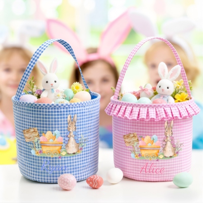 Personalized Name Peter Rabbit & Colorful Eggs Gingham Easter Basket with Ruffle, Multicolor Easter Treat Bag, Easter Gift for Kids/Boys/Girls