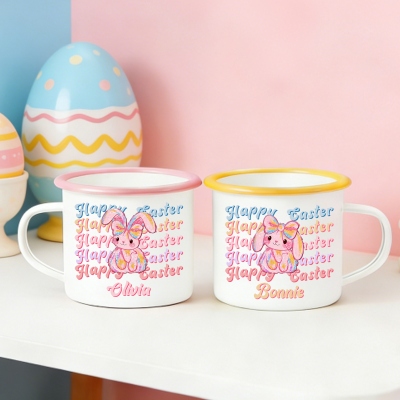 Personalized Happy Easter Y2K Bunny Enamel Mug with Name, 12oz Cup with Handle, Tin Camping Mug, Easter Party Favor, Easter Gift for Kids/Boys/Girls