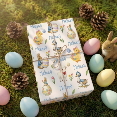 Personalized Name Easter Peter Rabbit & Farm Animals Wrapping Papers (Set of 3), A3/A2/Standard Holiday Gift Wraps, Easter Gifts for Kids/Newborns
