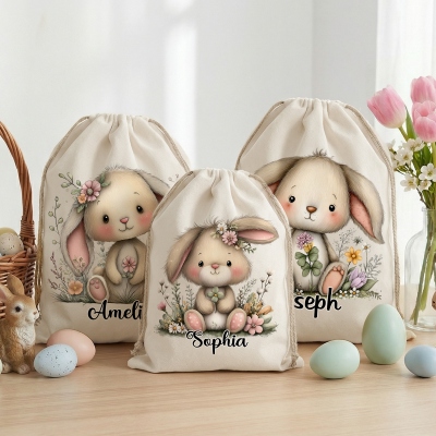 Personalized Name Cute Cartoon Floral Bunny Easter Treat Bag, Canvas Easter Egg Hunt Sack with Drawstring, Easter Gift for Kids/Boys/Girls