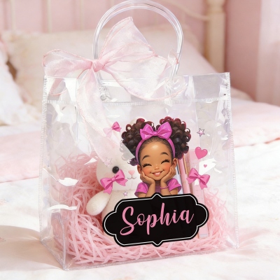 Personalized Name Cartoon Black Little Girl Gift Bag with Pink Bow Ribbon, PVC Clear Easter Egg Hunt Bag, Birthday/Easter Gift for Afro Little Girls