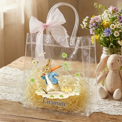 Personalized Name Peter Rabbit & Farm Animal Easter Gift Bag with Pink Bow Ribbon, PVC Clear Easter Egg Hunt Bag, Birthday/Easter Gift for Kids