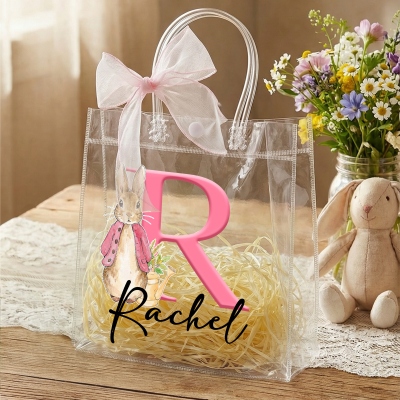 Personalized Name Peter Rabbit Alphabet Easter Gift Bag with Pink Bow Ribbon, PVC Clear Easter Egg Hunt Bag, Birthday/Easter Gift for Kids/Boys/Girls