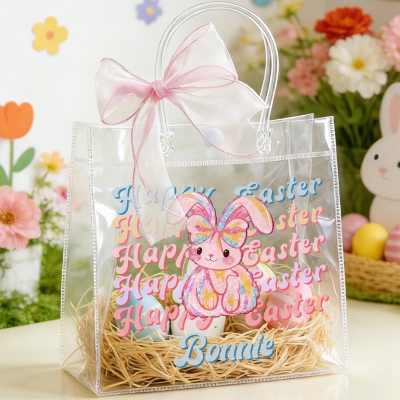 Personalized Name Happy Easter Y2K Bunny Gift Bag with Pink Bow Ribbon, PVC Transparent Easter Egg Hunt Bag, Easter Gift for Kids/Boys/Girls