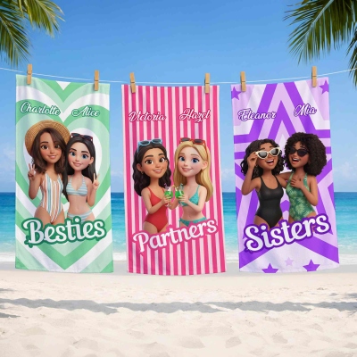 Custom Photo & Names Cartoon Besties Beach Towel, Microfiber Quick Dry Bath Towel, Vacation/Beach/Pool Party Favor, Gift for Besties/Sisters/Friends
