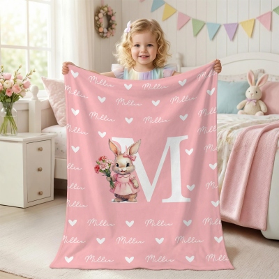Custom Name & Initial Watercolor Birth Flower Bunny Blanket, Flannel/Sherpa Bed Couch Throw, Nursery Decor, Birthday/Easter Gift for Newborns/Kids