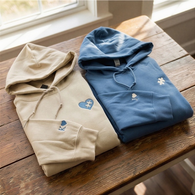 Personalized Initial Embroidered Heart and Puzzle Couple Shirt, Multicolor Crewneck Sweatshirt/Hoodie, Anniversary/Valentine's Day Gift for Him/Her