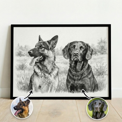 Custom Photo & Name Pencil Sketch Pet Portrait Wall Art, Pet Drawing Canvas Poster/Frameless/Framed Painting, Home Decor, Memorial Gift for Pet Owners