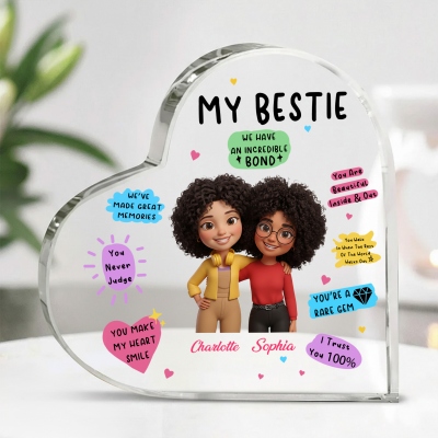 Personalized Photo & Names Cartoon Besties Character Heart-Shaped Acrylic Plaque, Friendship Commemorative Ornament, Gift for Besties/Sisters/Friends