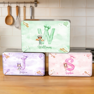 Custom Name Initial Cartoon Baking Boy/Girl Character Treat Tin with Lid, Biscuit Candy Box, Tinplate Container, Children's Day/Birthday Gift for Kids