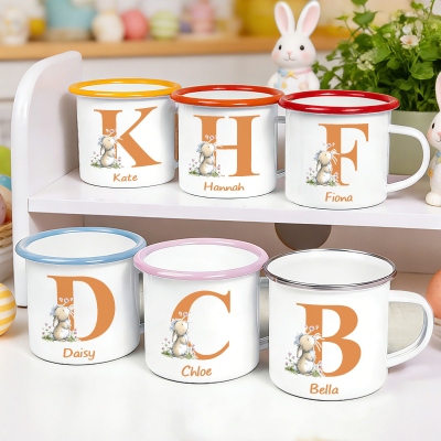Personalized Name Floral Bunny Alphabet Easter Enamel Mug, 12oz Cup with Handle, Tin Camping Mug, Easter Party Favor, Birthday/Easter Gift for Kids