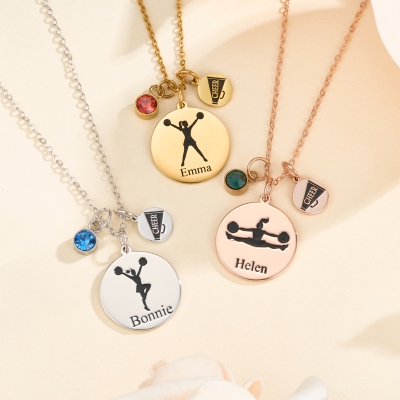 Custom Name Cheerleader Necklace with Birthstone, Sterling Silver 925 Dainty Jewelry, Birthday/Anniversary Gift for Cheerleaders/Teammates/Coaches