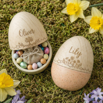 Personalized Engraved Wooden Easter Egg with Custom Name, Fillable Bunny/Flower/Tree/Star Keepsake, Reusable Easter Basket Decor & Gift for Kids