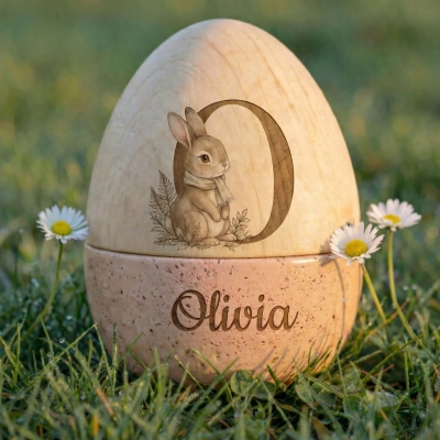 Personalized Engraved Name and Initial Bunny Design Wooden Easter Egg