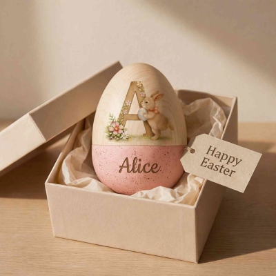 Personalized Hollow Wooden Easter Egg, Bunny Monogram with Name, Refillable Fillable Easter Basket Filler Gift for Kids