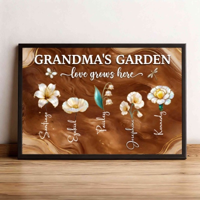 Custom Names Mother of Pearl Birth Flowers Grandma's Garden Wall Art, Family Floral Canvas Painting Sign, Birthday/Mother's Day Gift for Mom/Grandma