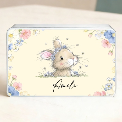 Personalized Name Cartoon Floral Bunny Treat Tin with Lid, Biscuit Candy Box, Tinplate Container, Children's Day/Birthday Gift for Kids/Boys/Girls