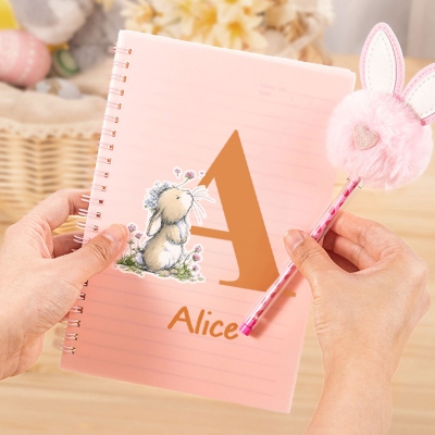Personalized Name Floral Bunny Alphabet Spiral Notebook with Pom Pom Pen, Notebook & Pen Set, Easter Party Favor, Easter Gift for Kids/Boys/Girls