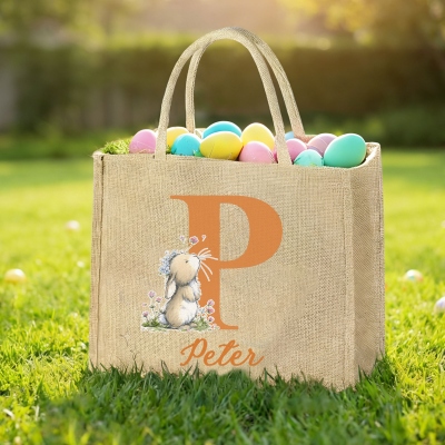 Personalized Name Floral Bunny Alphabet Burlap Tote Bag, Large Capacity Easter Egg Hunt Bag, Easter Party Favor, Birthday/Easter Gift for Kids/Women