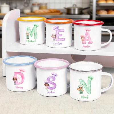 Personalized Name & Initial Watercolor Cartoon Baking Boy/Girl Character Enamel Mug, 12oz Cup with Handle, Tin Camping Mug, Birthday Gift for Kids