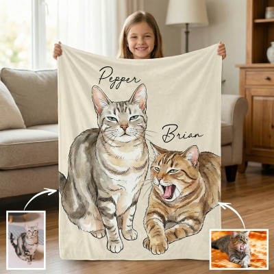 Personalized Name Watercolor Pet Portrait Blanket, Flannel/Sherpa Throw for Bed Couch, Birthday/Anniversary/Memorial Gift for Pet Owners/Lovers