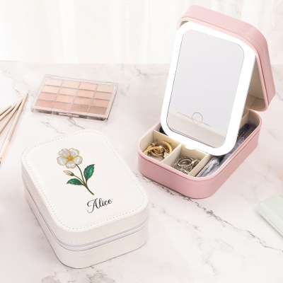Personalized Name Mother of Pearl Effect Birth Flower Makeup Box with Three-Color LED Light Mirror, Travel Makeup Jewelry Box, Gift for Her/Mom/Women