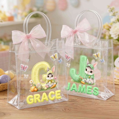 Personalized Easter Bunny Gift Bag with Pink Bow Ribbon – Custom Name & Initial Easter Treat Bag for Kids