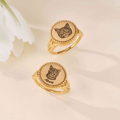 Personalized Name Pet Portrait Ring, Dog/Cat Paw Print Ring, Vintage Silver Jewelry, Pet Memorial/Loss Gift, Gift for Pet Lovers/Cat Lover/Dog Mom