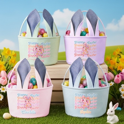 Personalized Name Y2K Bunny Easter Basket with Rabbit Ears, Seersucker Large Capacity Easter Egg Hunt Bucket Bag, Easter Gift for Kids/Boys/Girls