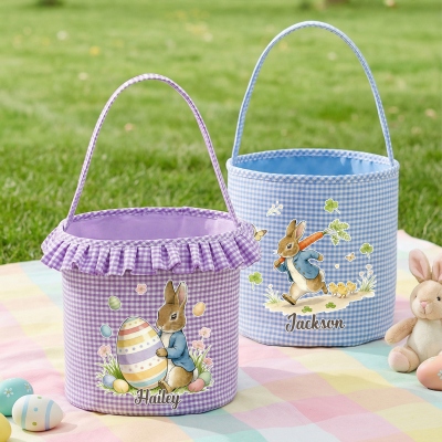 Custom Name Peter Rabbit & Farm Animal Gingham Easter Basket with Ruffle, Multicolor Large Capacity Easter Treat Bag, Easter Gift for Kids/Boys/Girls