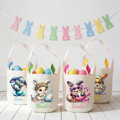 Personalized Name Cartoon Quirky Bunny Easter Basket, Cotton Linen Easter Egg Hunt Bucket Bag with Rabbit Ears, Easter Gift for Kids/Boys/Girls
